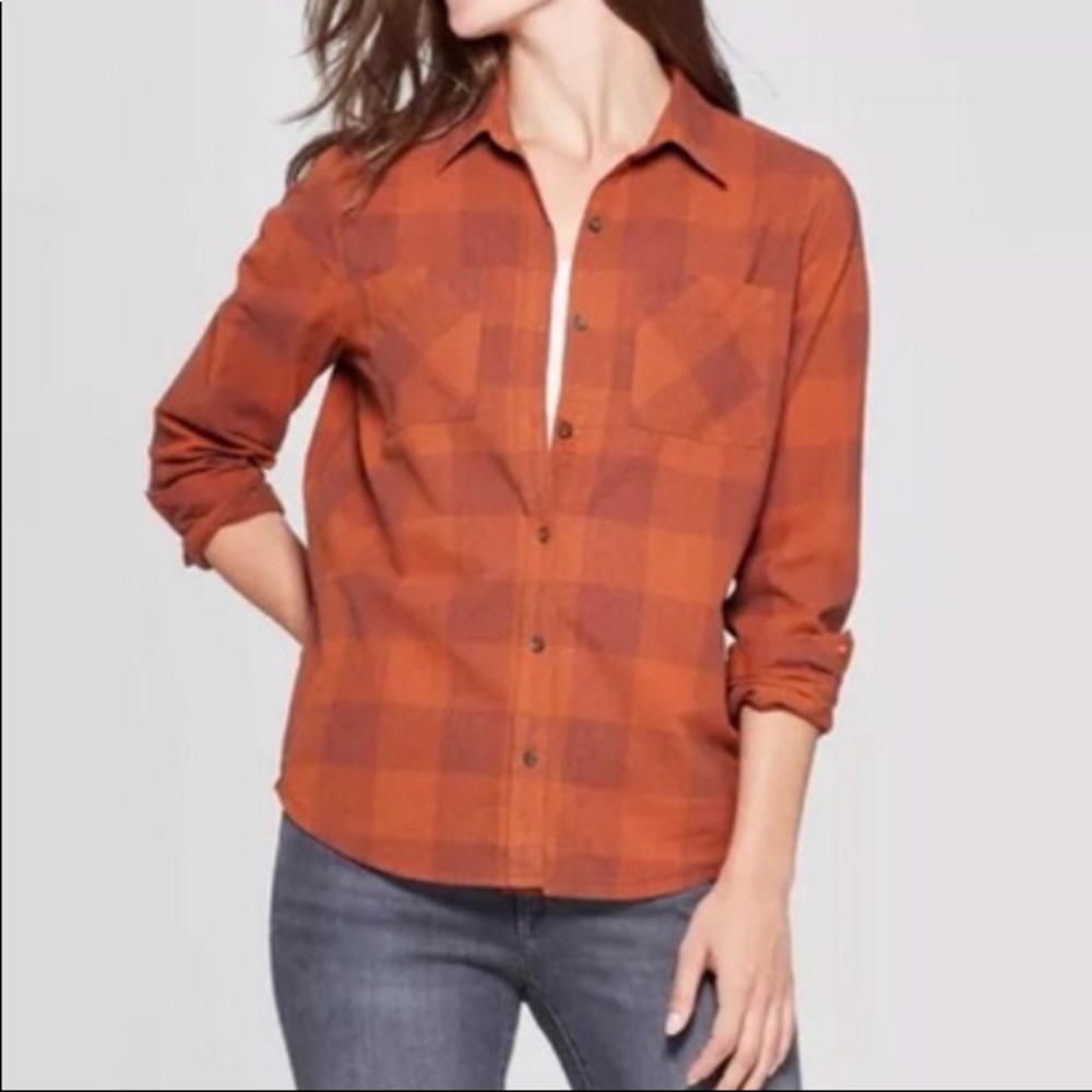 NWT universal thread rust plaid button up